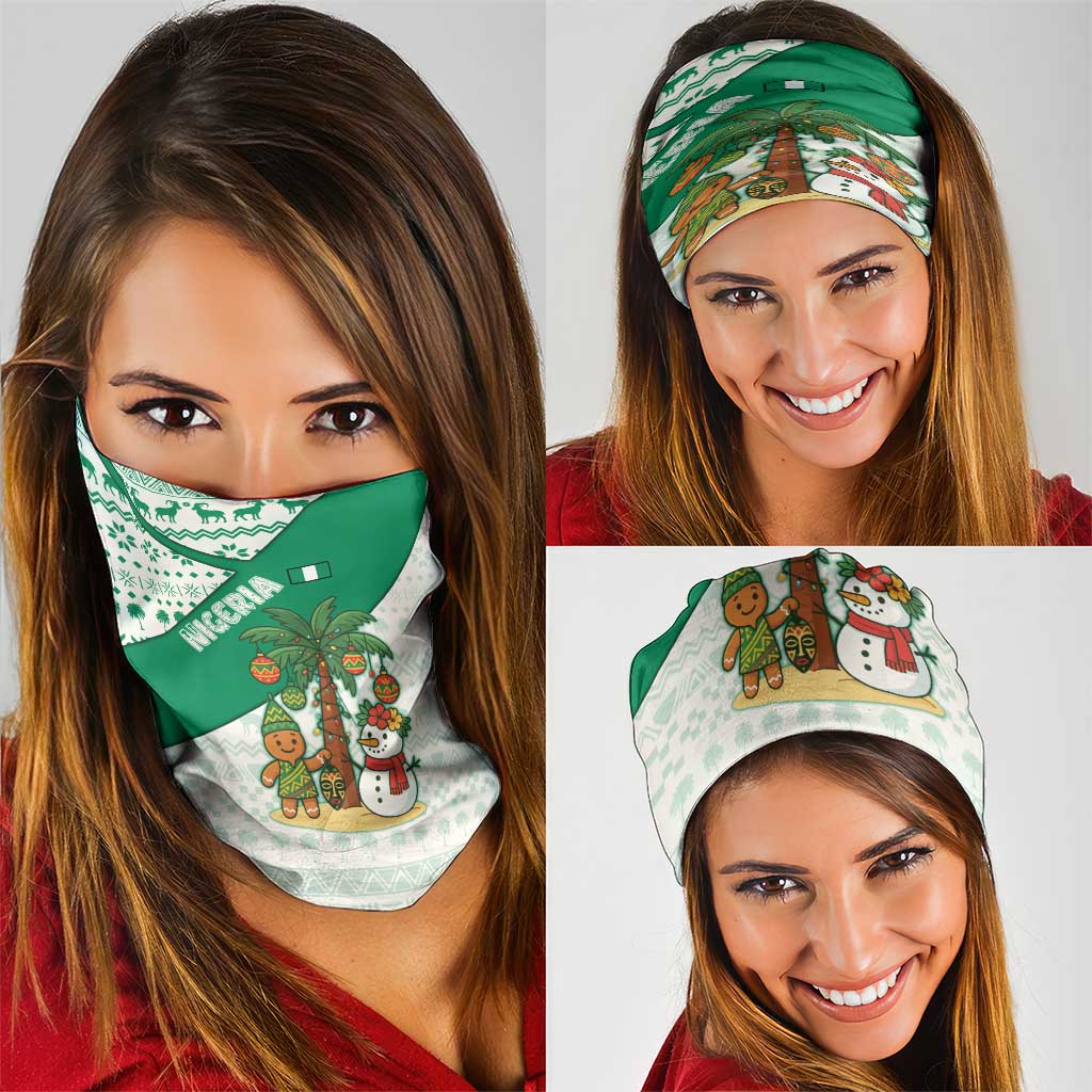 Nigeria Christmas Neck Gaiter with Gingerbread Snowman Palm Tree and Tribal Mask Design - Wonder Print Shop