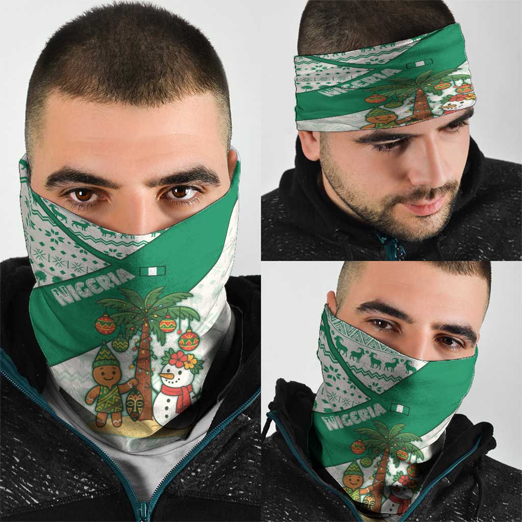 Nigeria Christmas Neck Gaiter with Gingerbread Snowman Palm Tree and Tribal Mask Design - Wonder Print Shop