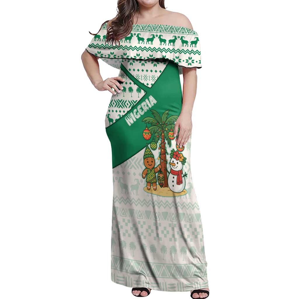 Nigeria Christmas Off Shoulder Maxi Dress with Gingerbread Snowman Palm Tree and Tribal Mask Design - Wonder Print Shop