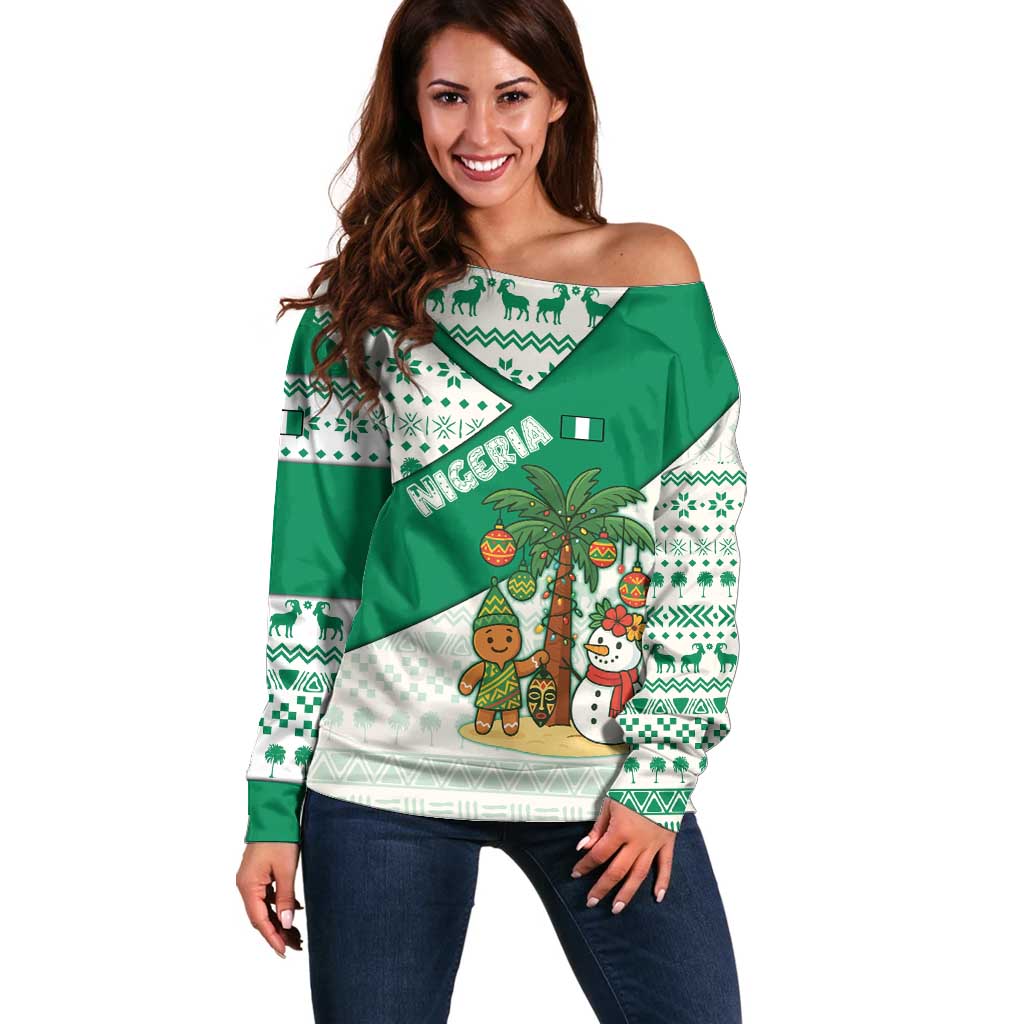 Nigeria Christmas Off Shoulder Sweater with Gingerbread Snowman Palm Tree and Tribal Mask Design - Wonder Print Shop