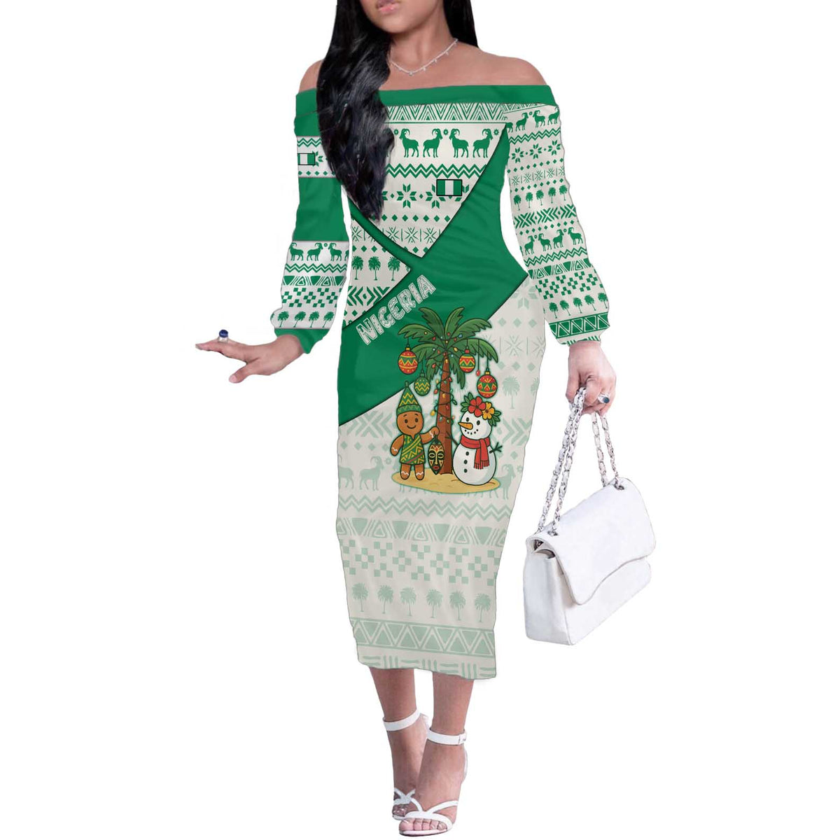 Nigeria Christmas Off The Shoulder Long Sleeve Dress with Gingerbread Snowman Palm Tree and Tribal Mask Design - Wonder Print Shop