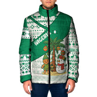 Nigeria Christmas Padded Jacket with Gingerbread Snowman Palm Tree and Tribal Mask Design - Wonder Print Shop
