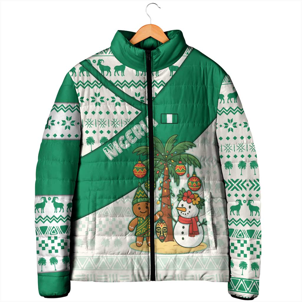 Nigeria Christmas Padded Jacket with Gingerbread Snowman Palm Tree and Tribal Mask Design - Wonder Print Shop