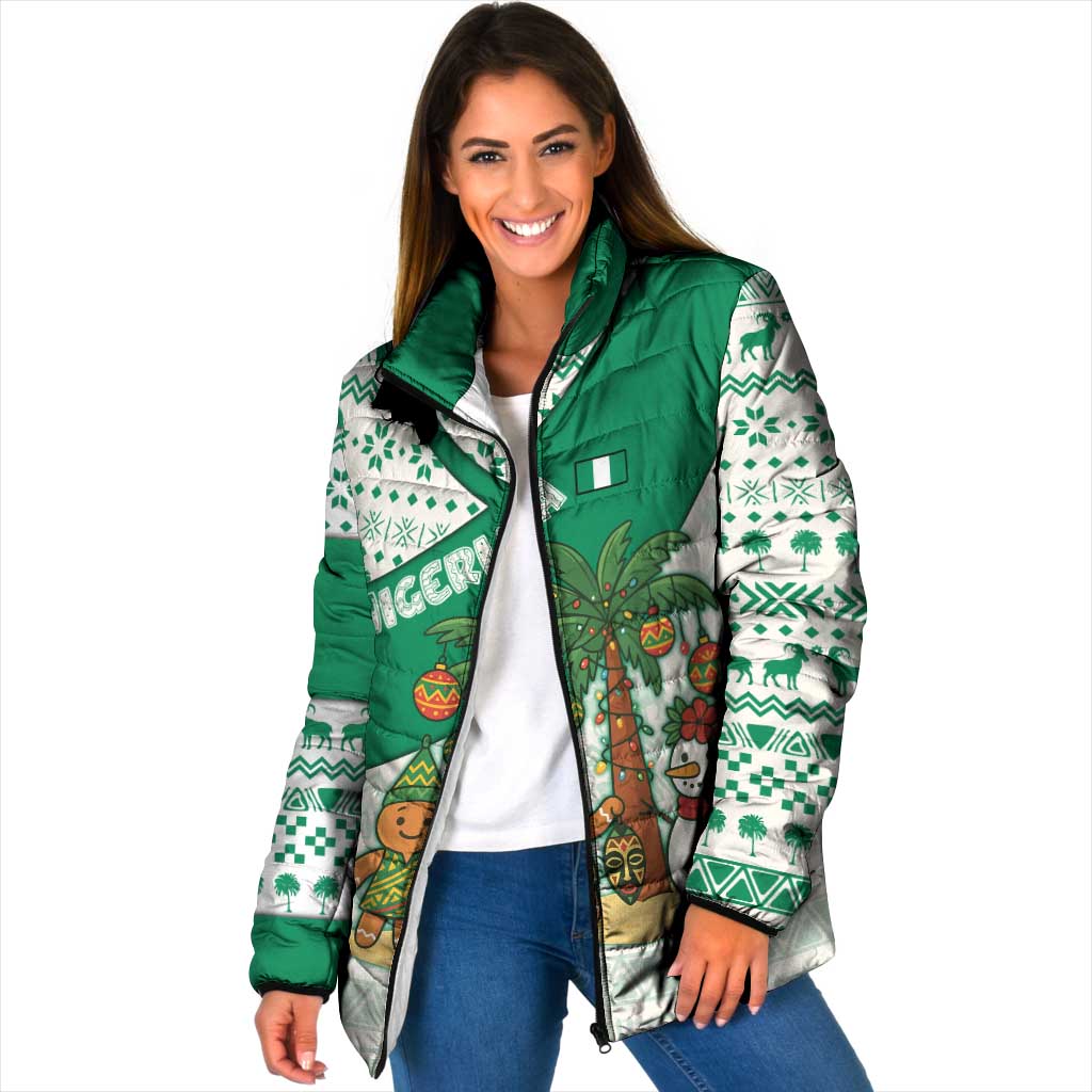 Nigeria Christmas Padded Jacket with Gingerbread Snowman Palm Tree and Tribal Mask Design - Wonder Print Shop