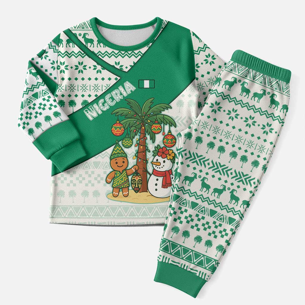 Nigeria Christmas Pajama Set with Gingerbread Snowman Palm Tree and Tribal Mask Design - Wonder Print Shop