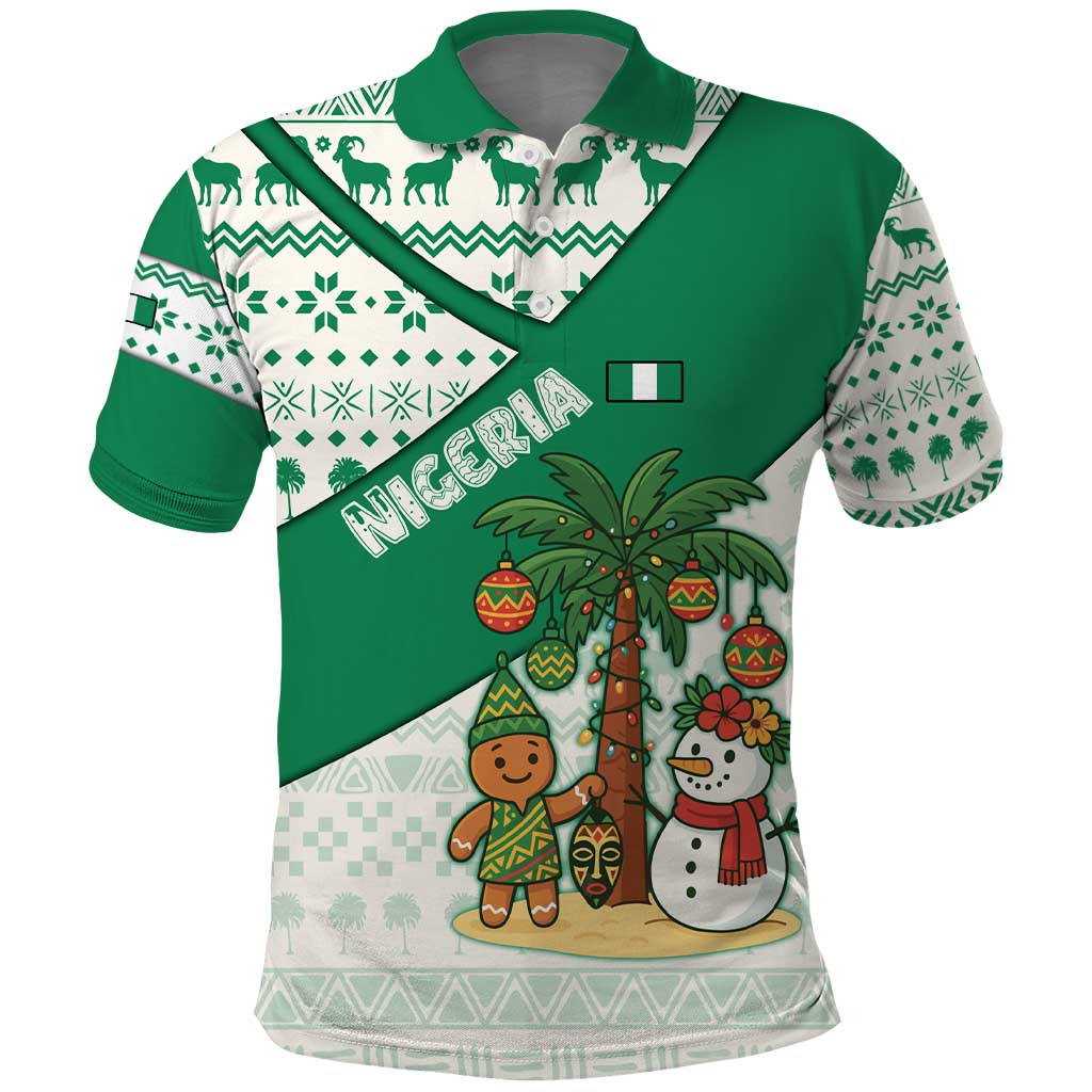 Nigeria Christmas Polo Shirt with Gingerbread Snowman Palm Tree and Tribal Mask Design - Wonder Print Shop