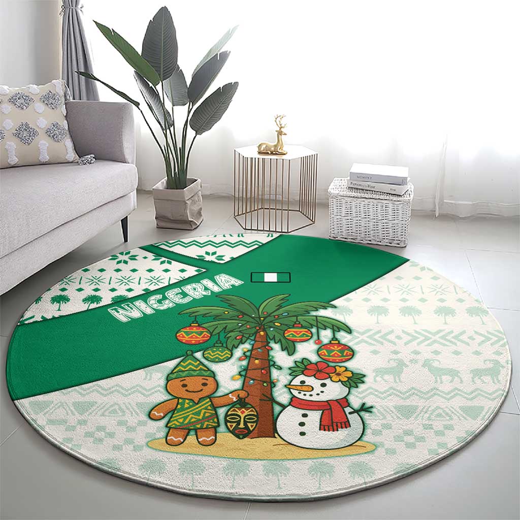 Nigeria Christmas Round Carpet with Gingerbread Snowman Palm Tree and Tribal Mask Design - Wonder Print Shop
