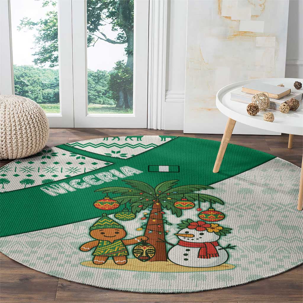 Nigeria Christmas Round Carpet with Gingerbread Snowman Palm Tree and Tribal Mask Design - Wonder Print Shop