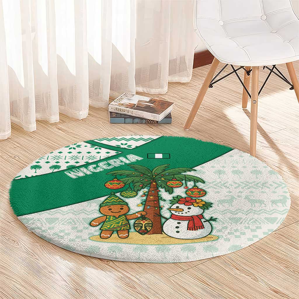 Nigeria Christmas Round Carpet with Gingerbread Snowman Palm Tree and Tribal Mask Design - Wonder Print Shop