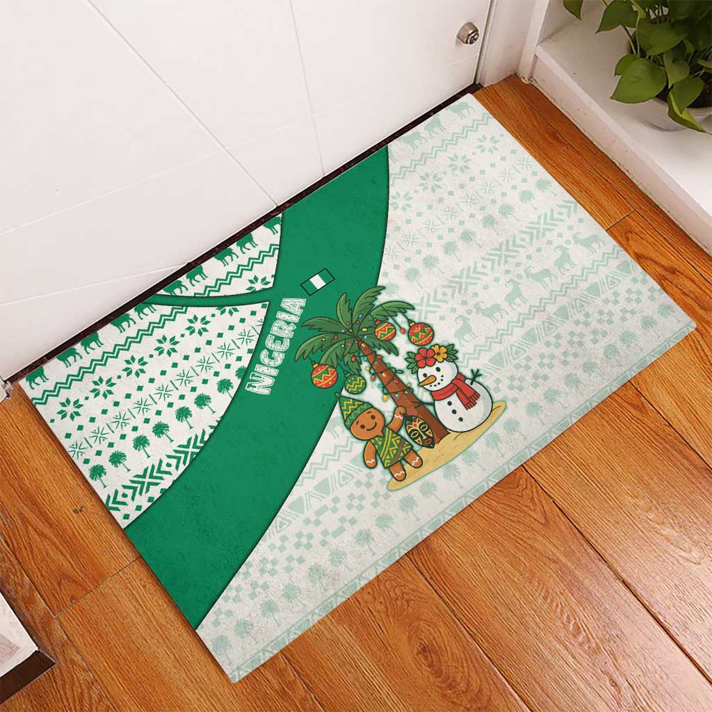 Nigeria Christmas Rubber Doormat with Gingerbread Snowman Palm Tree and Tribal Mask Design - Wonder Print Shop