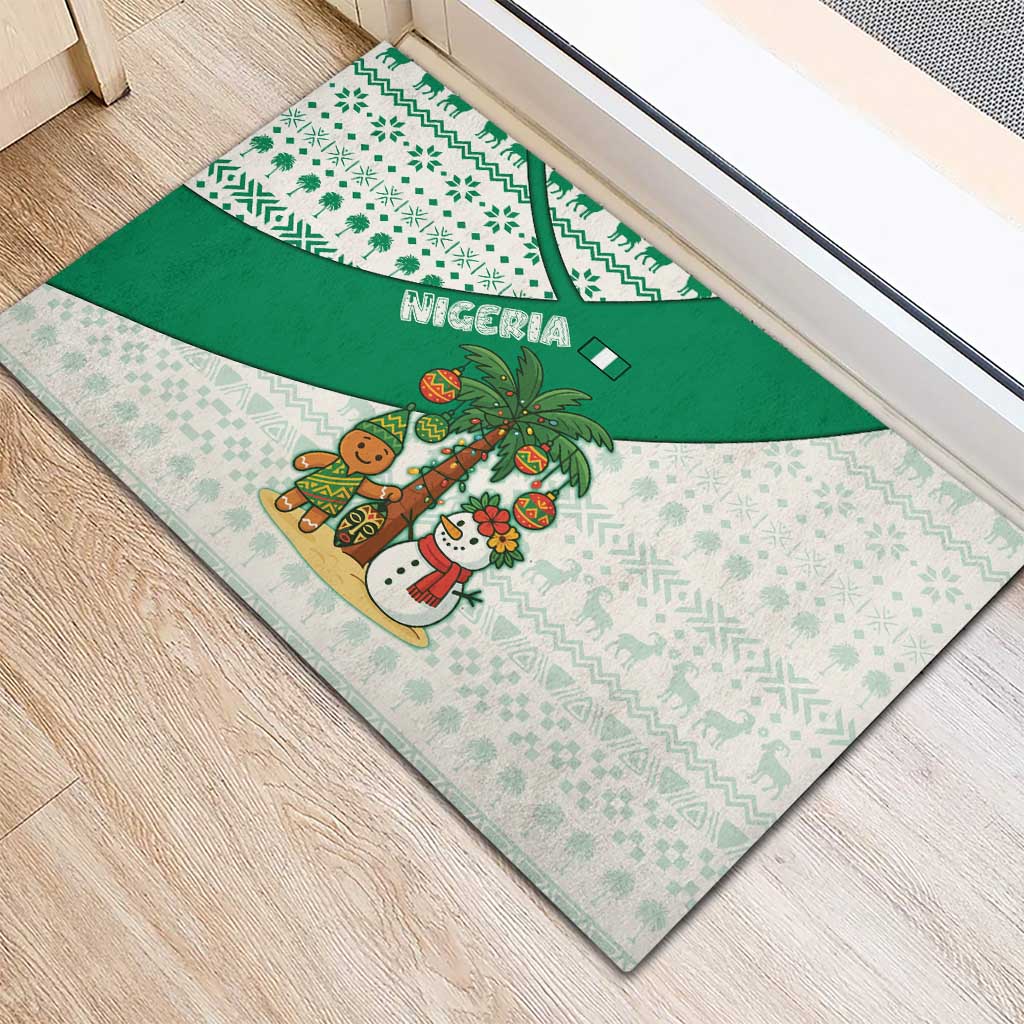 Nigeria Christmas Rubber Doormat with Gingerbread Snowman Palm Tree and Tribal Mask Design - Wonder Print Shop