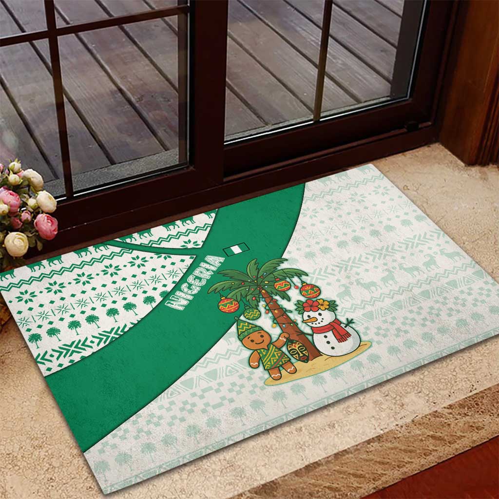 Nigeria Christmas Rubber Doormat with Gingerbread Snowman Palm Tree and Tribal Mask Design - Wonder Print Shop