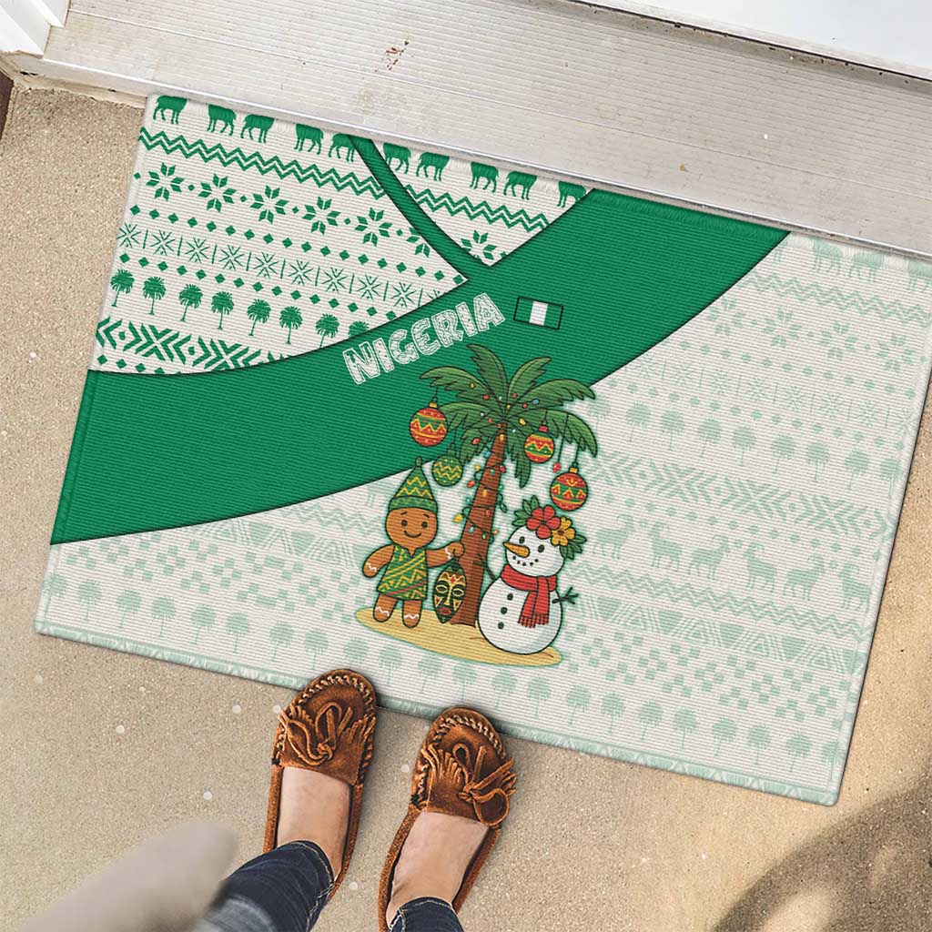 Nigeria Christmas Rubber Doormat with Gingerbread Snowman Palm Tree and Tribal Mask Design - Wonder Print Shop