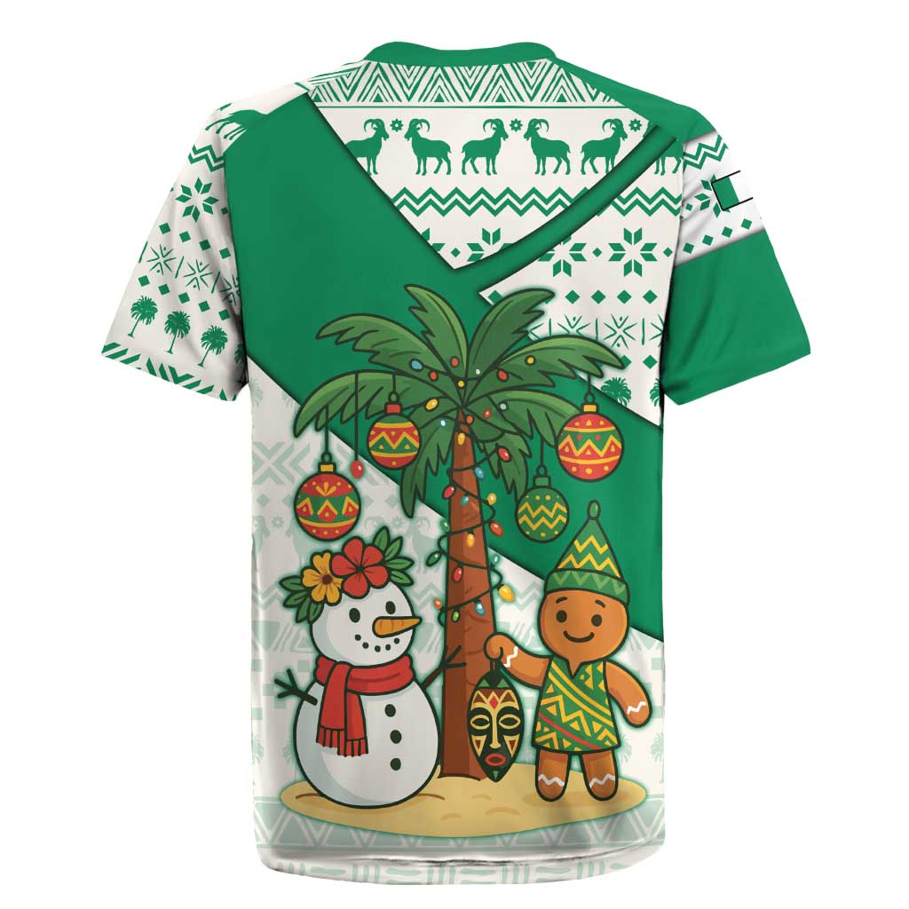 Nigeria Christmas Rugby Jersey with Gingerbread Snowman Palm Tree and Tribal Mask Design - Wonder Print Shop