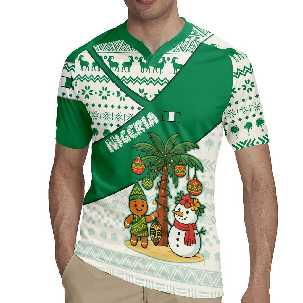 Nigeria Christmas Rugby Jersey with Gingerbread Snowman Palm Tree and Tribal Mask Design - Wonder Print Shop