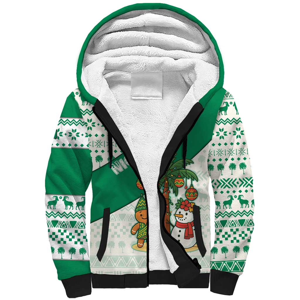 Nigeria Christmas Sherpa Hoodie with Gingerbread Snowman Palm Tree and Tribal Mask Design - Wonder Print Shop