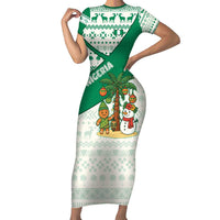 Nigeria Christmas Short Sleeve Bodycon Dress with Gingerbread Snowman Palm Tree and Tribal Mask Design - Wonder Print Shop