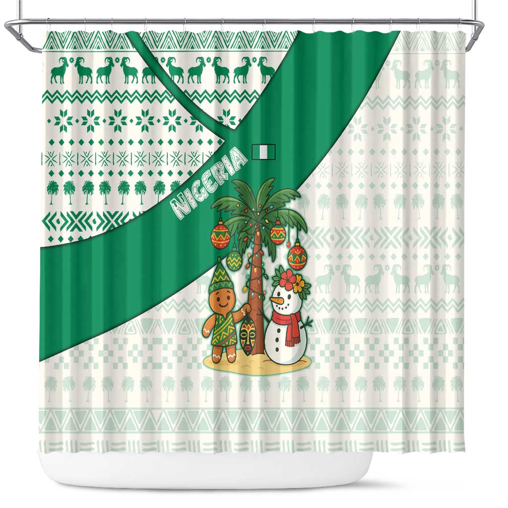 Nigeria Christmas Shower Curtain with Gingerbread Snowman Palm Tree and Tribal Mask Design - Wonder Print Shop