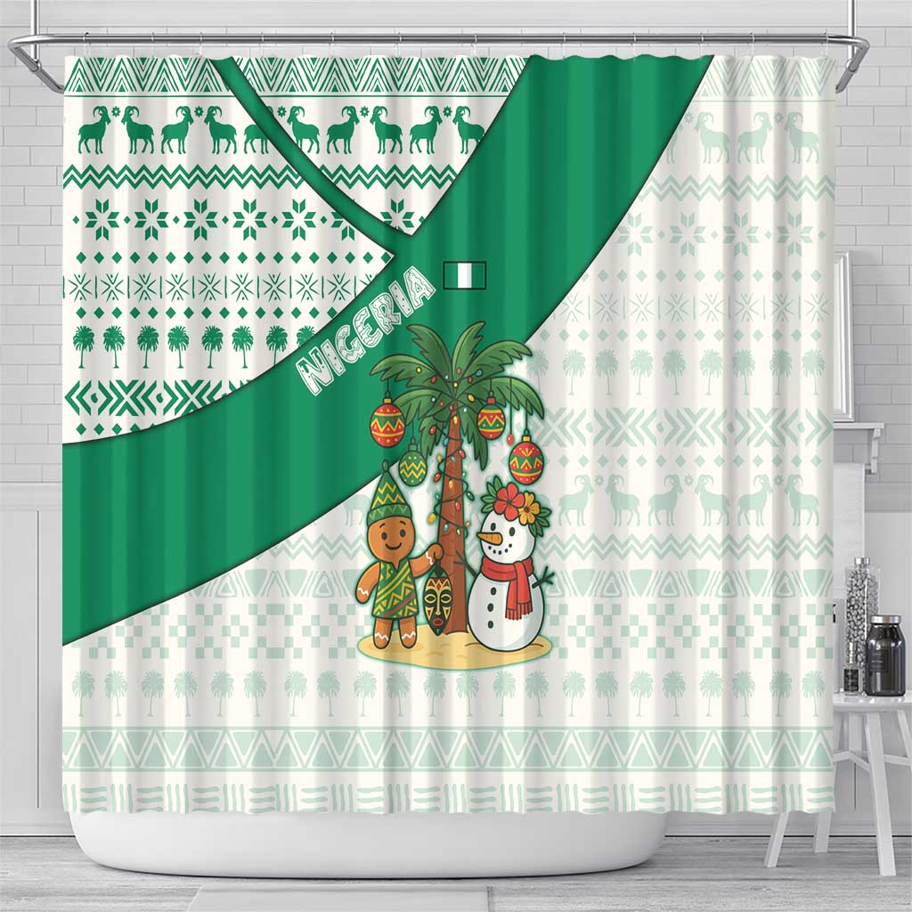 Nigeria Christmas Shower Curtain with Gingerbread Snowman Palm Tree and Tribal Mask Design - Wonder Print Shop