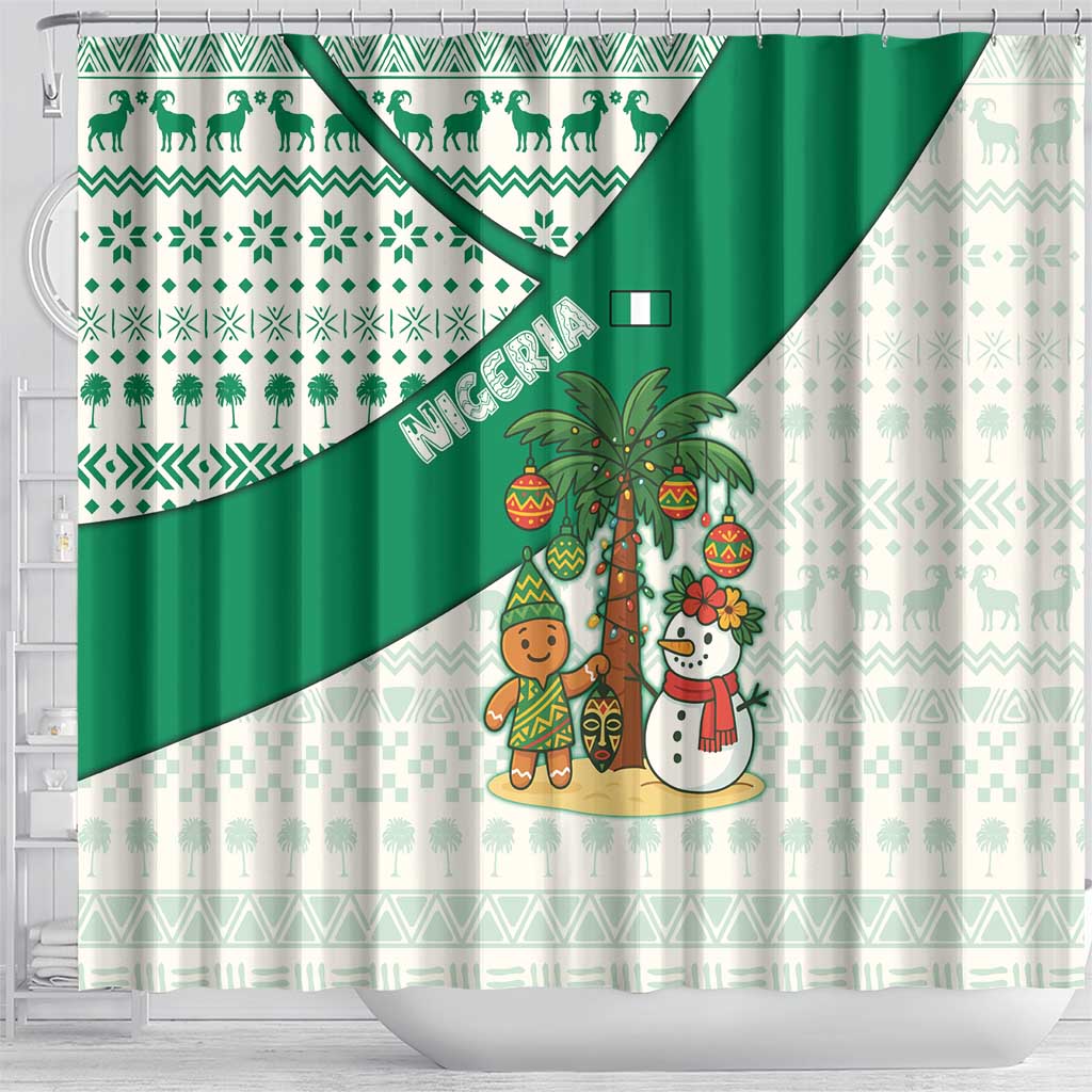 Nigeria Christmas Shower Curtain with Gingerbread Snowman Palm Tree and Tribal Mask Design - Wonder Print Shop
