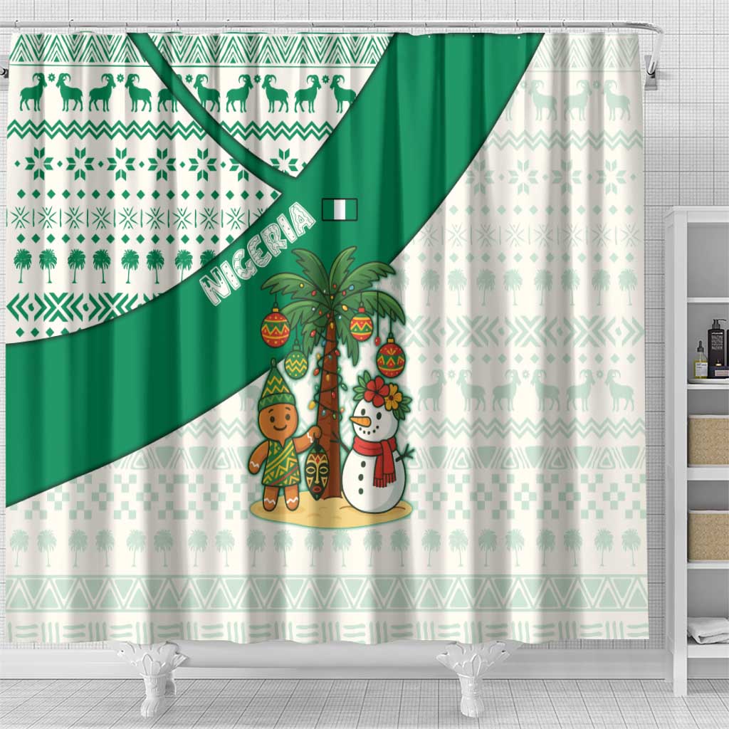 Nigeria Christmas Shower Curtain with Gingerbread Snowman Palm Tree and Tribal Mask Design - Wonder Print Shop
