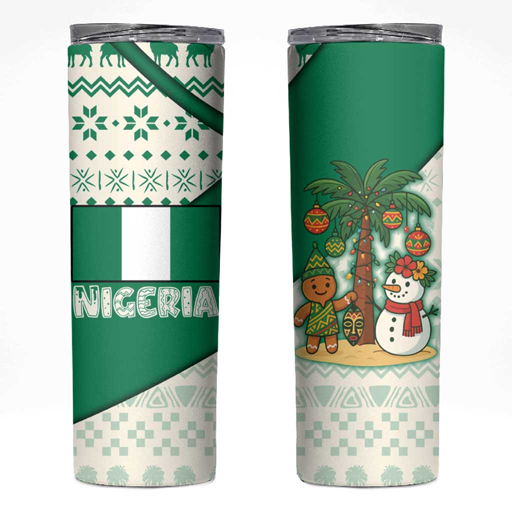 Nigeria Christmas Skinny Tumbler with Gingerbread Snowman Palm Tree and Tribal Mask Design - Wonder Print Shop