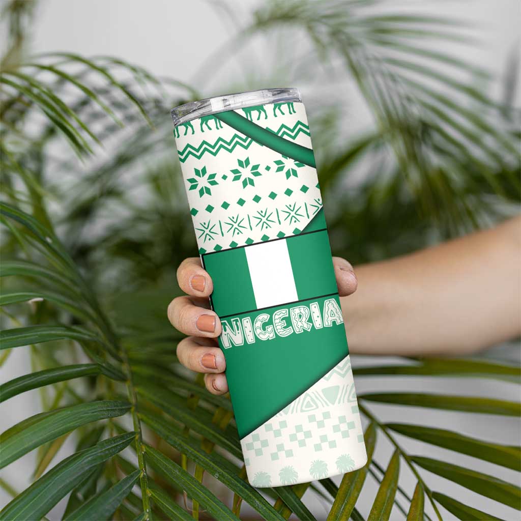 Nigeria Christmas Skinny Tumbler with Gingerbread Snowman Palm Tree and Tribal Mask Design - Wonder Print Shop