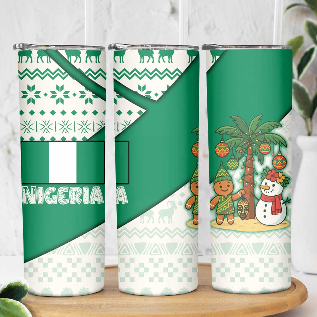 Nigeria Christmas Skinny Tumbler with Gingerbread Snowman Palm Tree and Tribal Mask Design - Wonder Print Shop