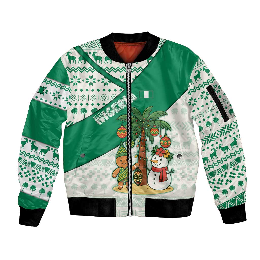 Nigeria Christmas Sleeve Zip Bomber Jacket with Gingerbread Snowman Palm Tree and Tribal Mask Design - Wonder Print Shop