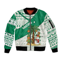 Nigeria Christmas Sleeve Zip Bomber Jacket with Gingerbread Snowman Palm Tree and Tribal Mask Design - Wonder Print Shop