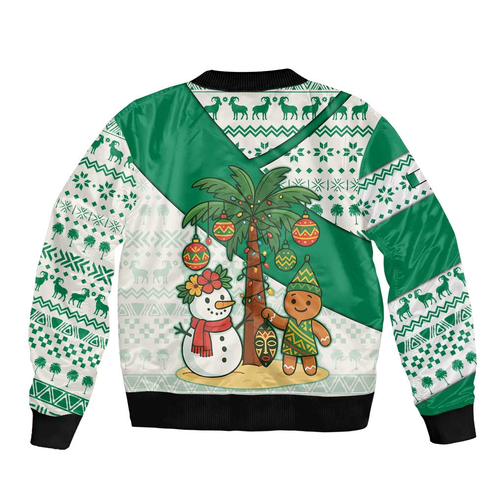 Nigeria Christmas Sleeve Zip Bomber Jacket with Gingerbread Snowman Palm Tree and Tribal Mask Design - Wonder Print Shop