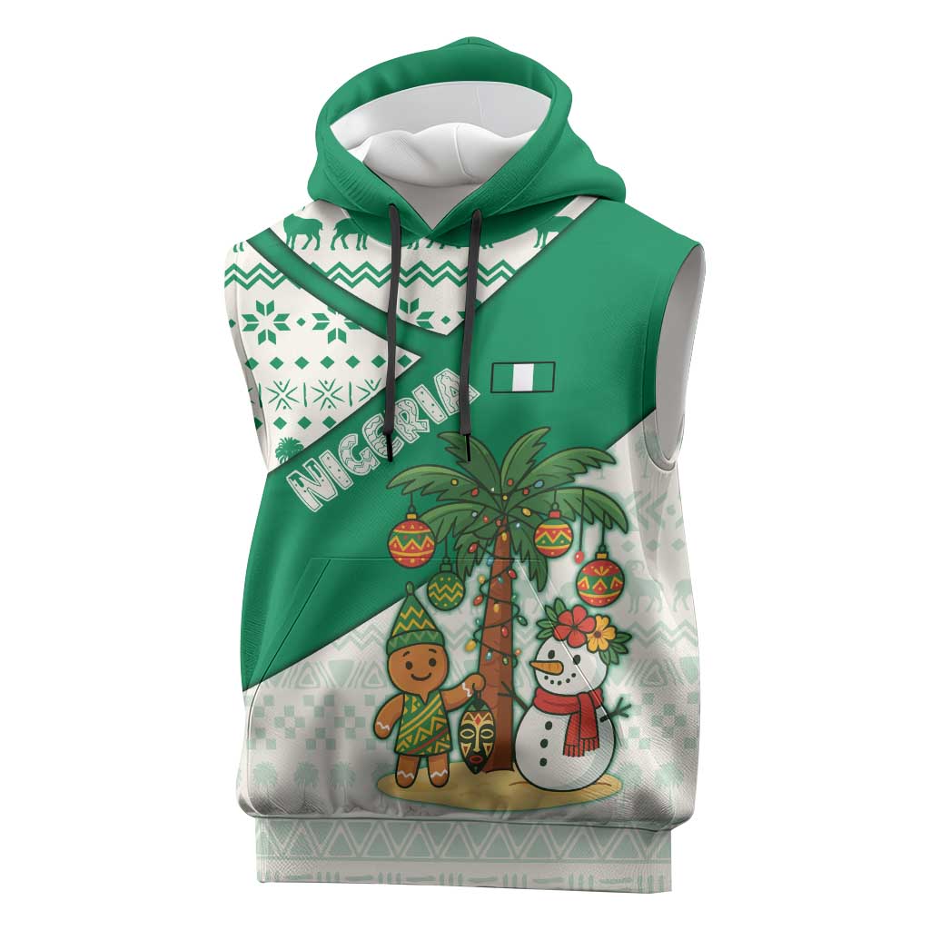 Nigeria Christmas Sleeveless Hoodie with Gingerbread Snowman Palm Tree and Tribal Mask Design - Wonder Print Shop
