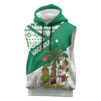 Nigeria Christmas Sleeveless Hoodie with Gingerbread Snowman Palm Tree and Tribal Mask Design - Wonder Print Shop