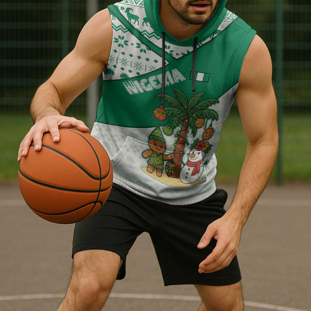 Nigeria Christmas Sleeveless Hoodie with Gingerbread Snowman Palm Tree and Tribal Mask Design - Wonder Print Shop