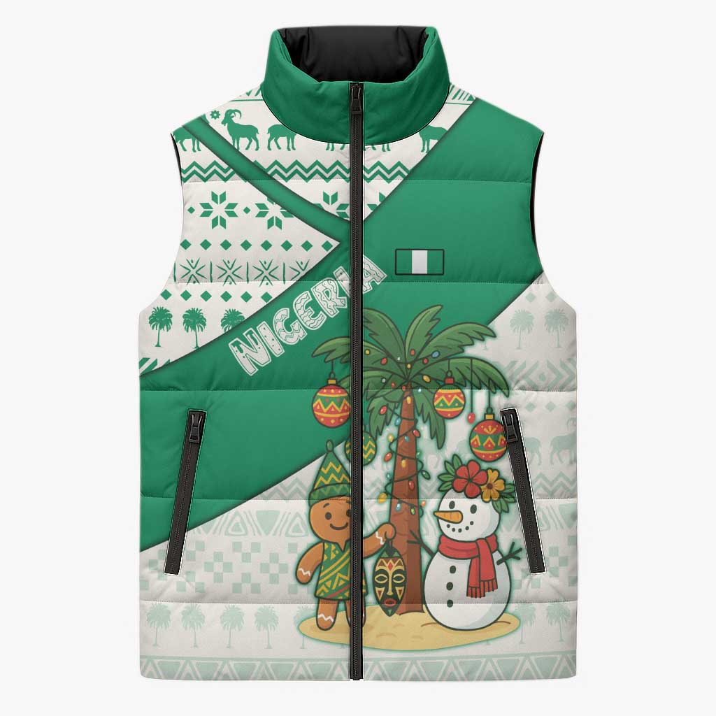 Nigeria Christmas Sleeveless Puffer Jacket with Gingerbread Snowman Palm Tree and Tribal Mask Design - Wonder Print Shop