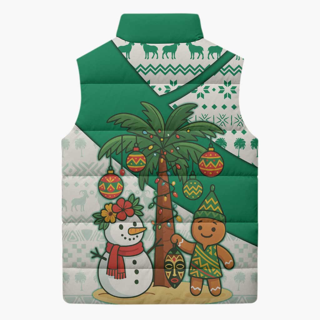 Nigeria Christmas Sleeveless Puffer Jacket with Gingerbread Snowman Palm Tree and Tribal Mask Design - Wonder Print Shop