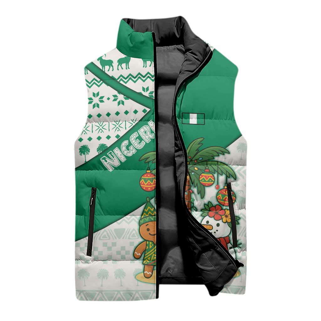 Nigeria Christmas Sleeveless Puffer Jacket with Gingerbread Snowman Palm Tree and Tribal Mask Design - Wonder Print Shop