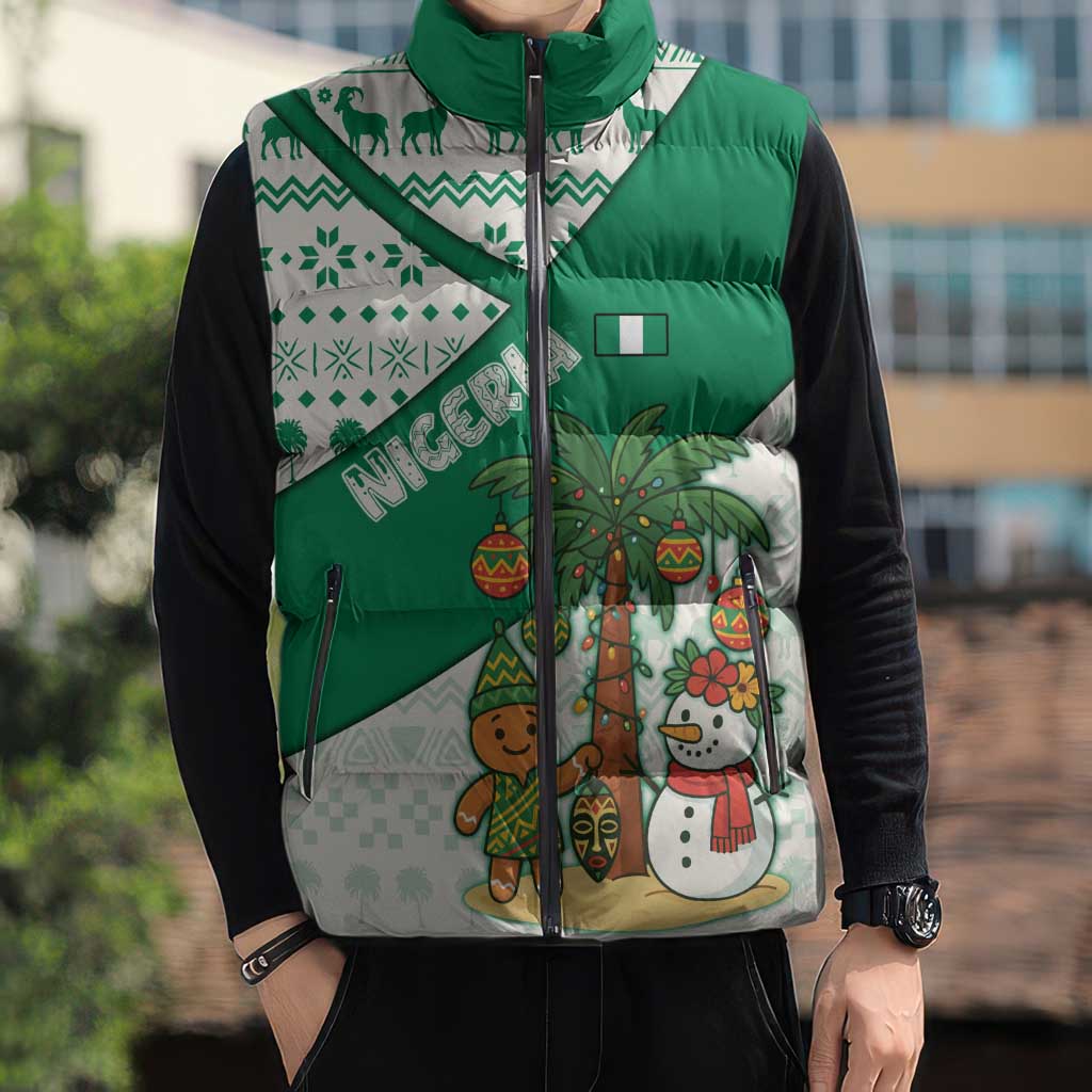 Nigeria Christmas Sleeveless Puffer Jacket with Gingerbread Snowman Palm Tree and Tribal Mask Design - Wonder Print Shop