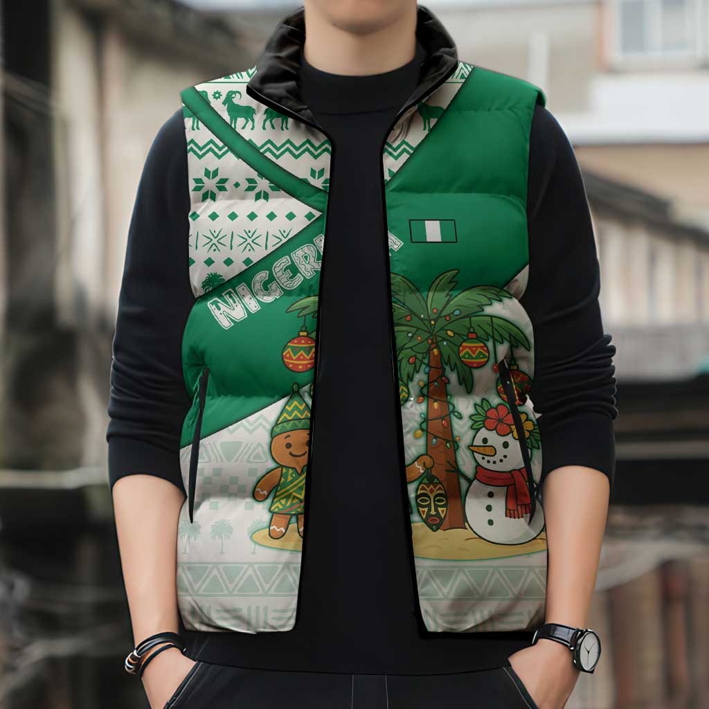 Nigeria Christmas Sleeveless Puffer Jacket with Gingerbread Snowman Palm Tree and Tribal Mask Design - Wonder Print Shop
