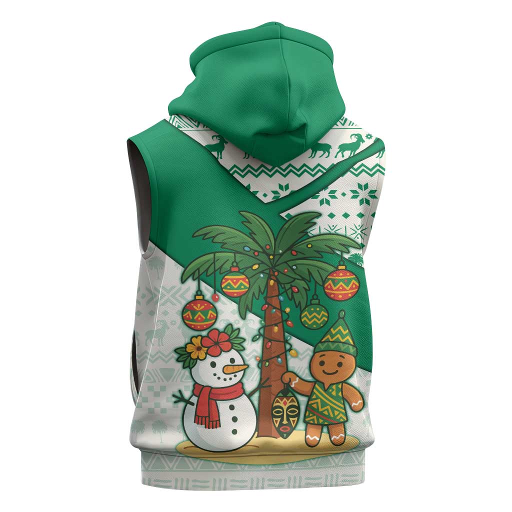 Nigeria Christmas Sleeveless Zip Hoodie with Gingerbread Snowman Palm Tree and Tribal Mask Design - Wonder Print Shop