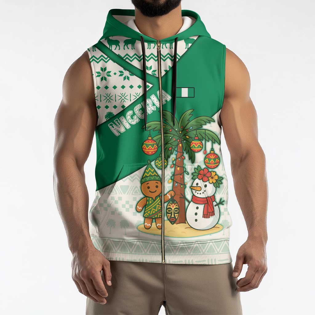 Nigeria Christmas Sleeveless Zip Hoodie with Gingerbread Snowman Palm Tree and Tribal Mask Design - Wonder Print Shop