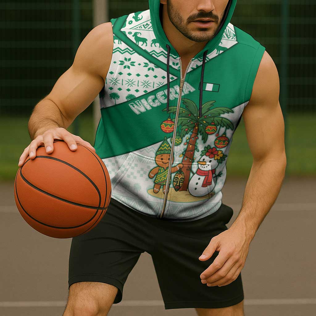 Nigeria Christmas Sleeveless Zip Hoodie with Gingerbread Snowman Palm Tree and Tribal Mask Design - Wonder Print Shop
