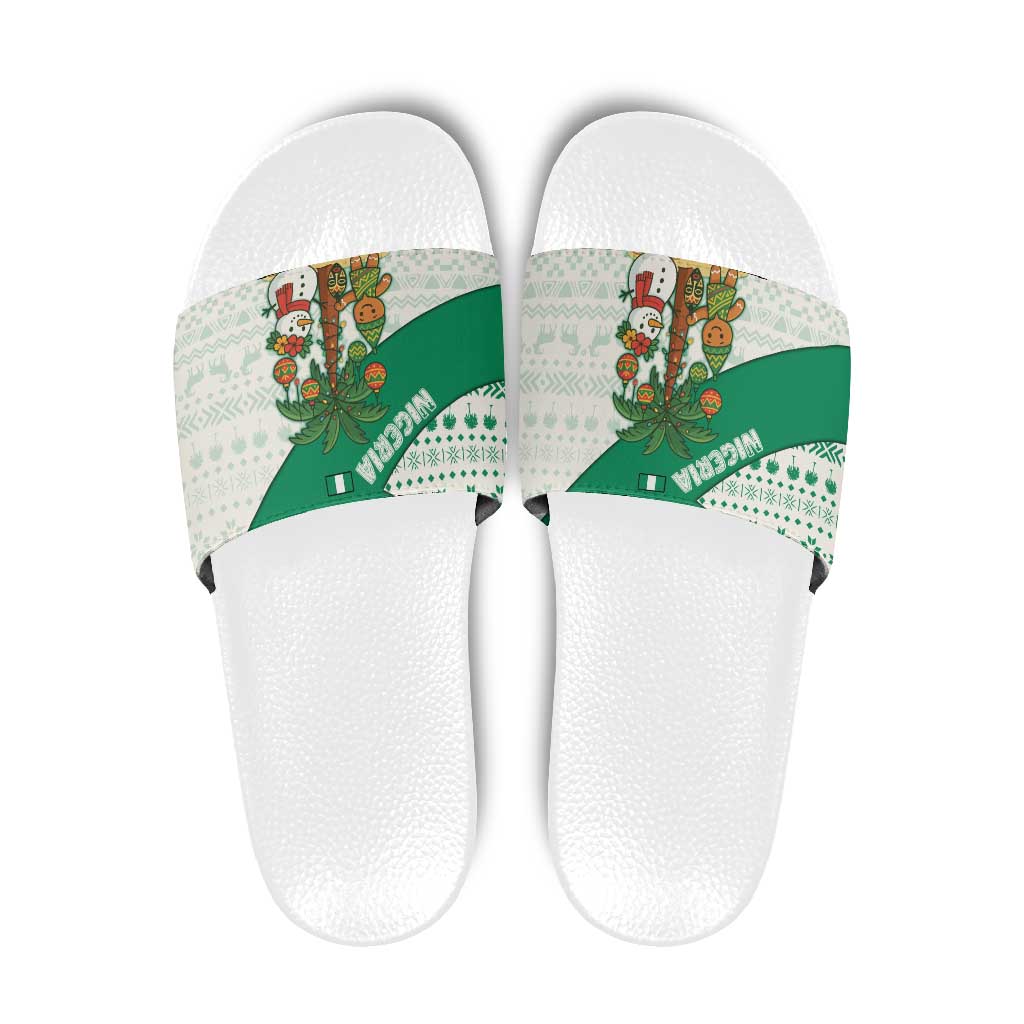 Nigeria Christmas Slide Sandals with Gingerbread Snowman Palm Tree and Tribal Mask Design - Wonder Print Shop