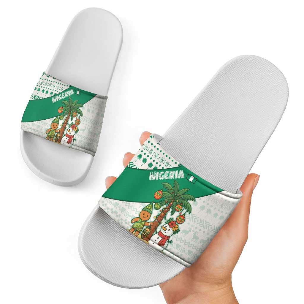 Nigeria Christmas Slide Sandals with Gingerbread Snowman Palm Tree and Tribal Mask Design - Wonder Print Shop