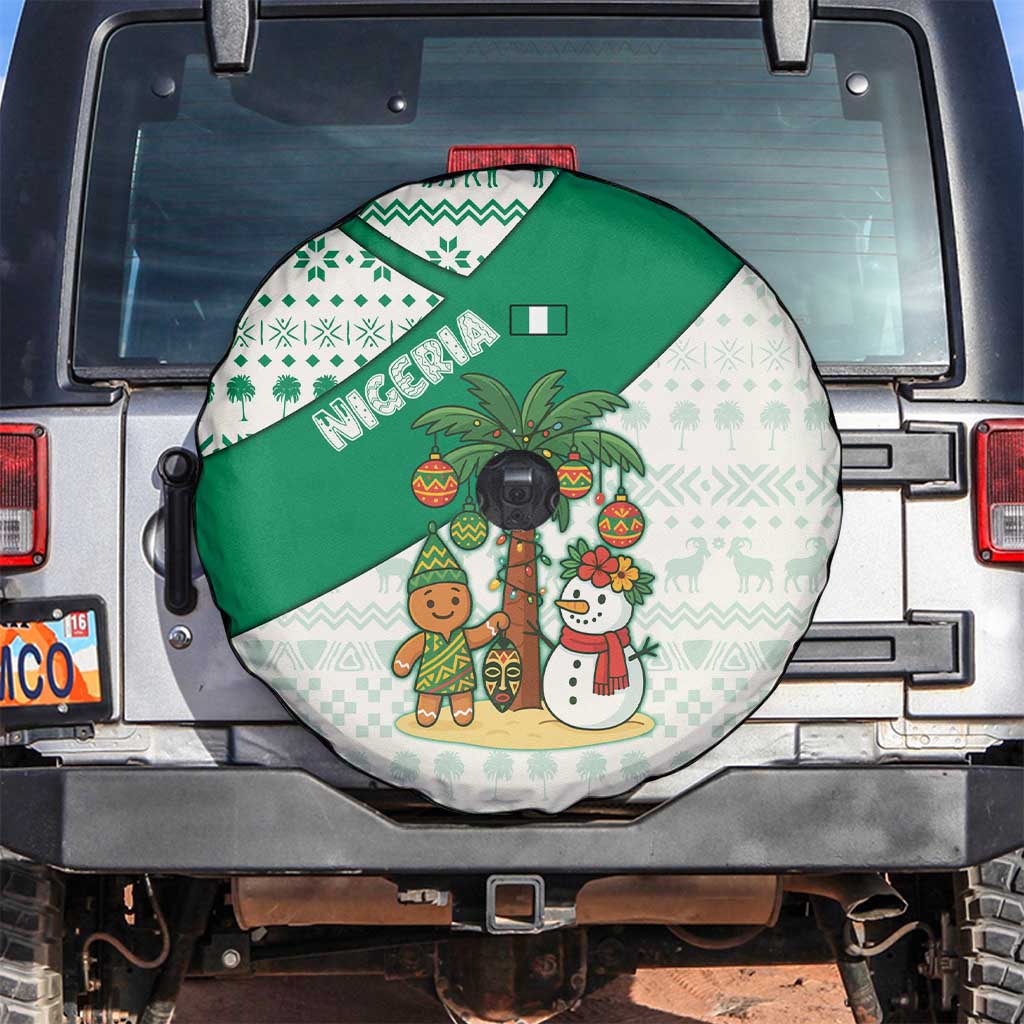 Nigeria Christmas Spare Tire Cover with Gingerbread Snowman Palm Tree and Tribal Mask Design - Wonder Print Shop