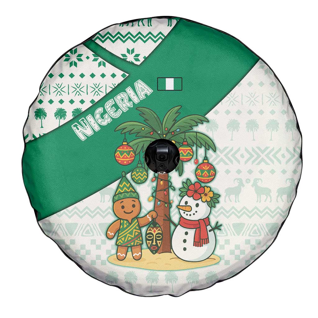 Nigeria Christmas Spare Tire Cover with Gingerbread Snowman Palm Tree and Tribal Mask Design - Wonder Print Shop