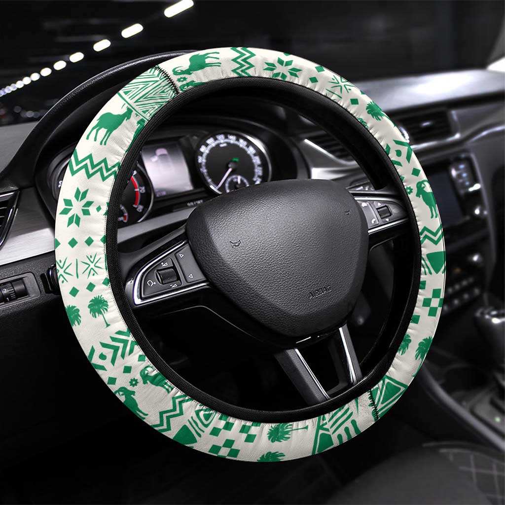 Nigeria Christmas Steering Wheel Cover with Gingerbread Snowman Palm Tree and Tribal Mask Design - Wonder Print Shop