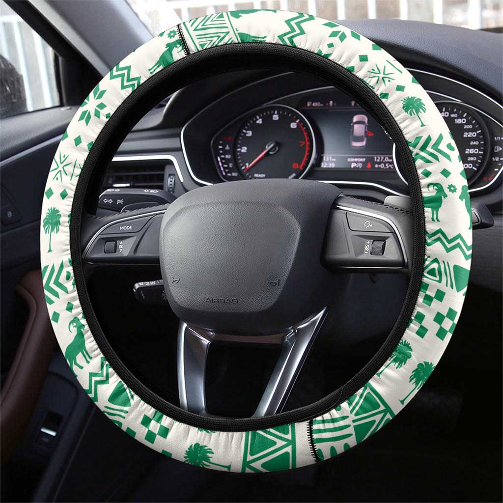 Nigeria Christmas Steering Wheel Cover with Gingerbread Snowman Palm Tree and Tribal Mask Design - Wonder Print Shop
