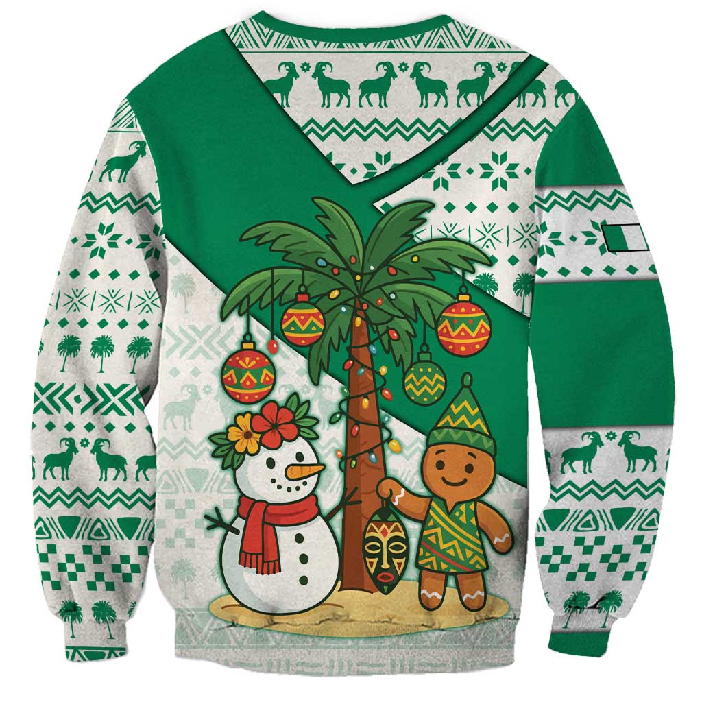Nigeria Christmas Sweatshirt with Gingerbread Snowman Palm Tree and Tribal Mask Design - Wonder Print Shop