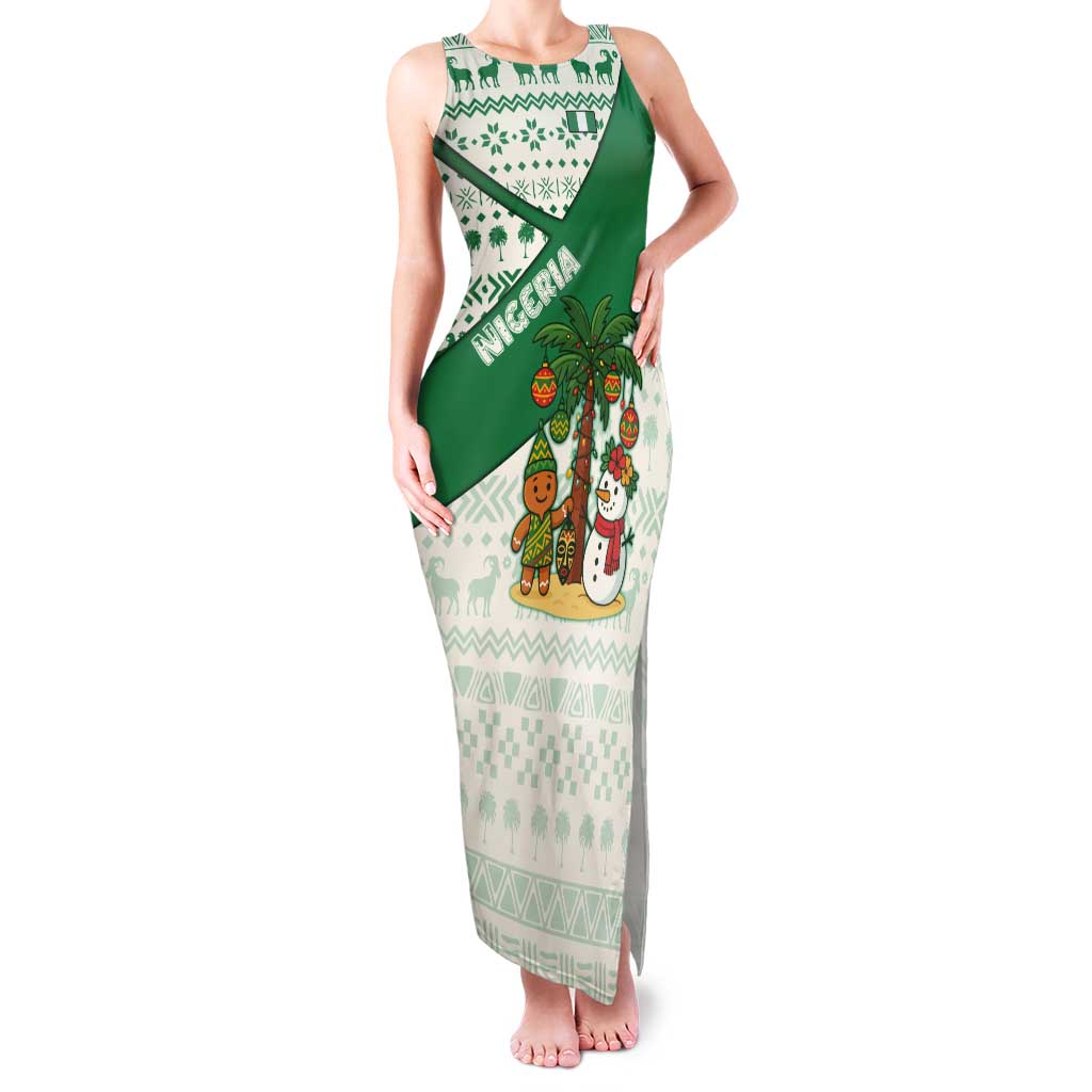 Nigeria Christmas Tank Maxi Dress with Gingerbread Snowman Palm Tree and Tribal Mask Design - Wonder Print Shop